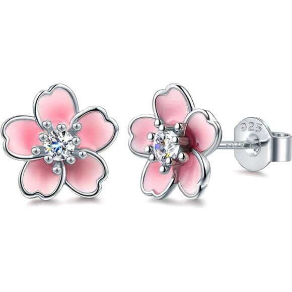 Pink Flower Stud Earrings for Women Sterling Silver Cherry Blossom Hypoallergeni - Picture 1 of 7